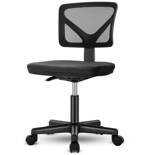 Modern Minimalist Armless Office Chair with Lumbar Support – Swivel Rolling Computer Desk with Storage, Ergonomic Design for Home Office, Hardwood Frame, Gray Fabric Seat, Black Base, Perfect for Gaming and Workspace